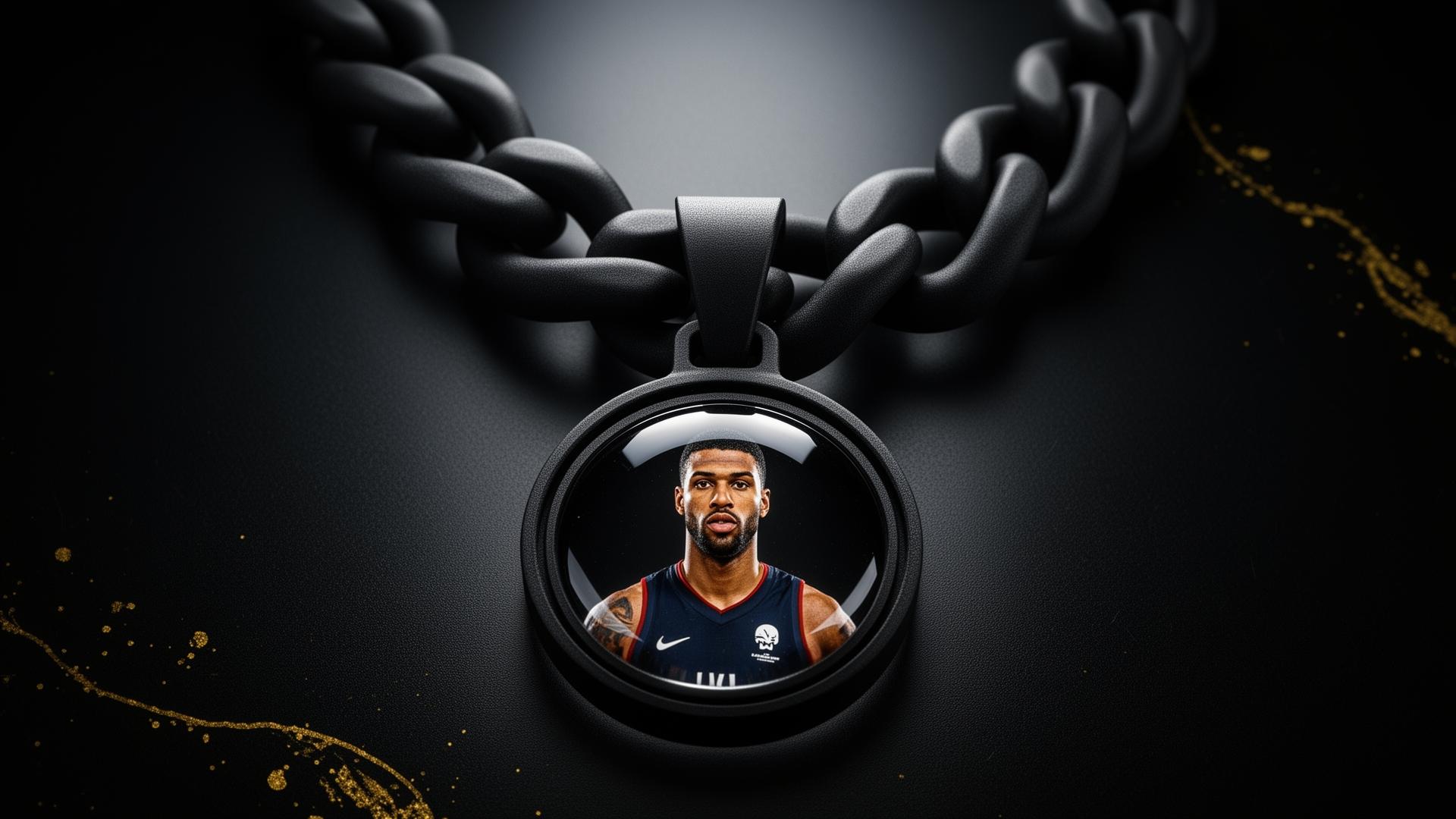 3D printed black chain with a resin-coated medallion of an athlete